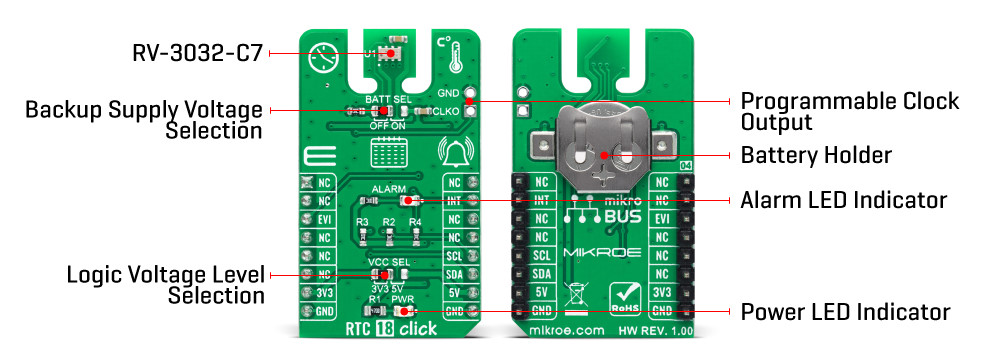 RTC 18 Click from Mikroe featuring Micro Crystal RV-3032-C7 Real-Time Clock module